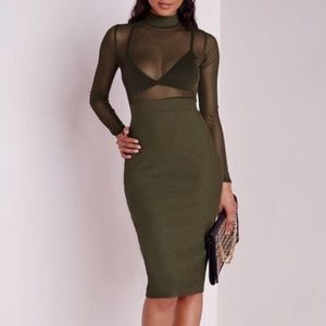 SHEER ARMY GREEN MIDI MID-LENGTH COCKTAIL DRESS